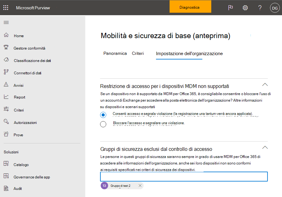 Opzione Basic Mobility and Security allow access (Mobilità e sicurezza di base) per consentire l'accesso.