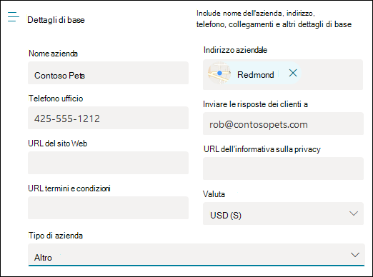 Screenshot: pagina per immettere le informazioni aziendali di base