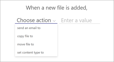 Screenshot della pagina dell'istruzione della regola che mostra l'opzione choose action evidenziata.