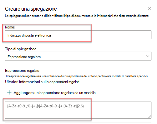 Screenshot che mostra il pannello Crea una spiegazione con il modello Indirizzo di posta elettronica applicato.