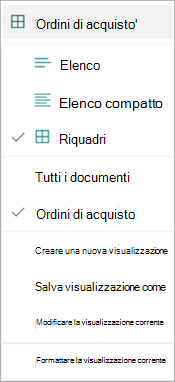 Screenshot di un menu a discesa della visualizzazione che mostra le opzioni di visualizzazione.