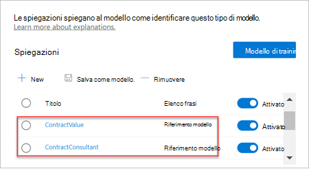 Screenshot della sezione Spiegazioni che mostra il tipo Riferimento a modello.