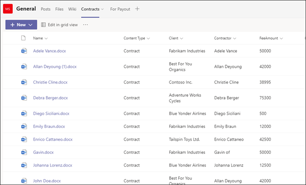 Visualizzazione elenco della raccolta di SharePoint.