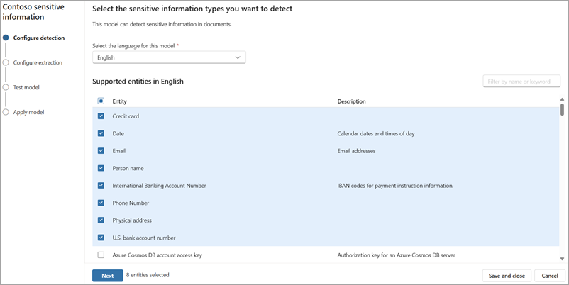 Screenshot della pagina Configura rilevamento.