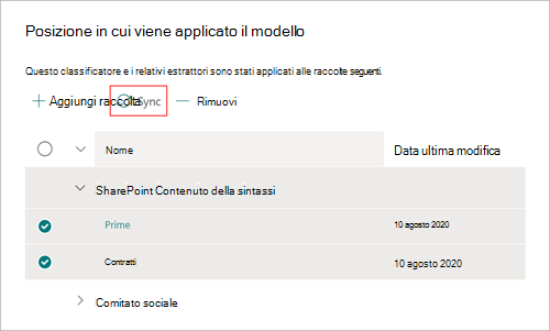 Screenshot che mostra la sezione Dove viene applicato il modello e il pulsante Sincronizza evidenziato.