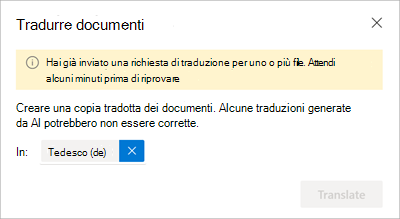 Screenshot che mostra il messaggio per attendere alcuni minuti e riprovare.