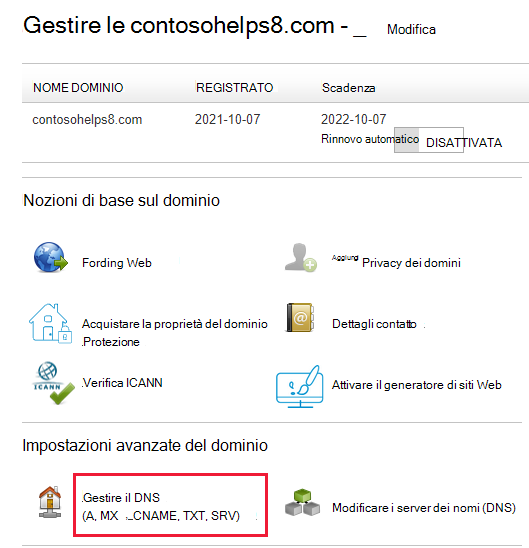 Selezionare Gestisci DNS dall'elenco a discesa.