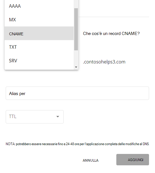 Selezionare CNAME type (Tipo CNAME) nell'elenco a discesa.