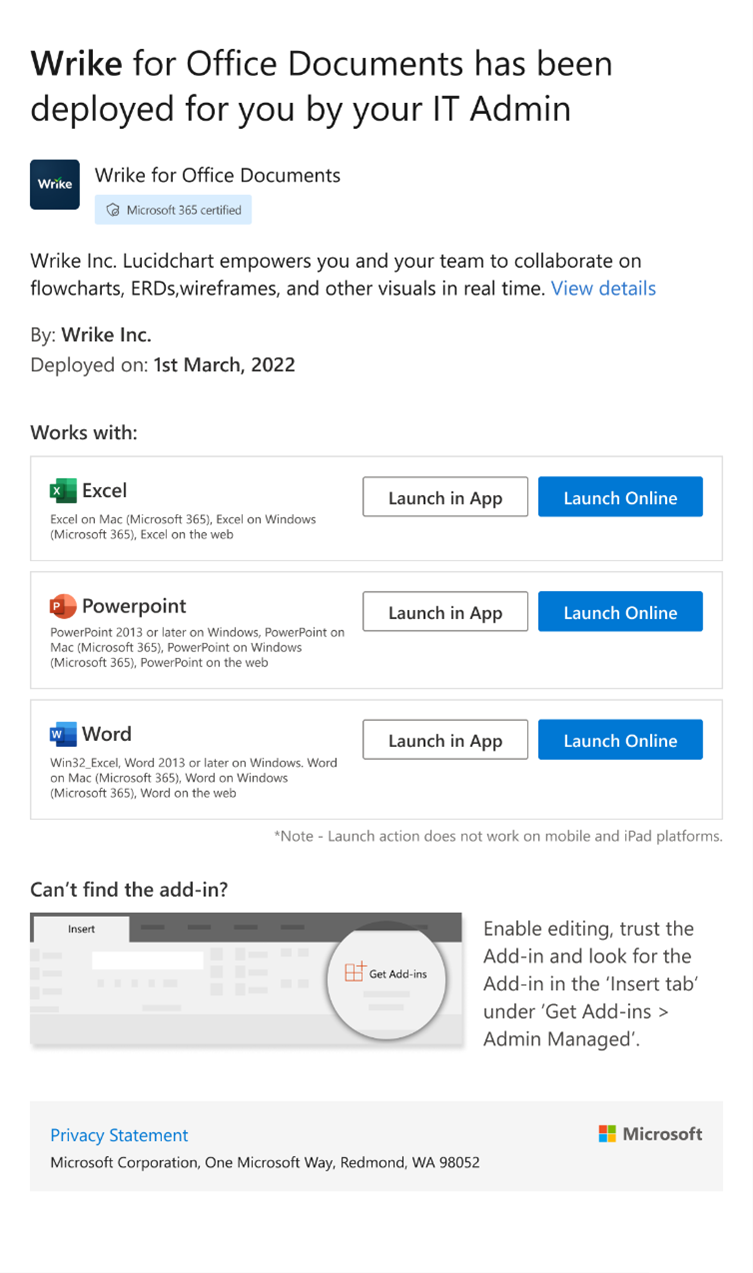 Esempio di posta elettronica per la distribuzione di componenti aggiuntivi di Excel, PowerPoint o Word.