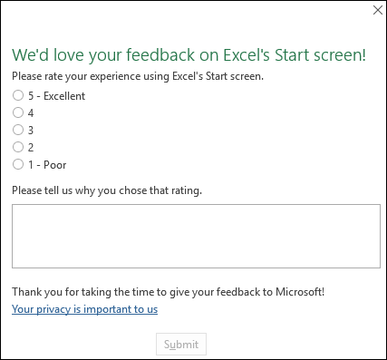 Screenshot: esempio di richiesta di feedback nel prodotto in Excel