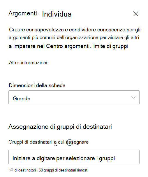 Screenshot del pannello di modifica della scheda Topics Discover.