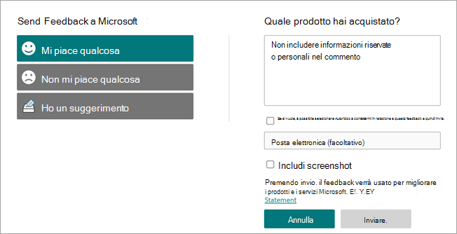 Screenshot che mostra la pagina Invia commenti e suggerimenti a Microsoft.