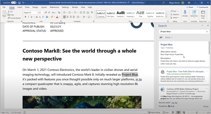 Screenshot che mostra la ricerca in Word nella casella Di ricerca.