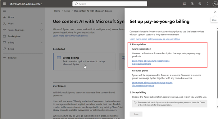 Screenshot del pannello Configura fatturazione con pagamento in base al consumo nel interfaccia di amministrazione di Microsoft 365.