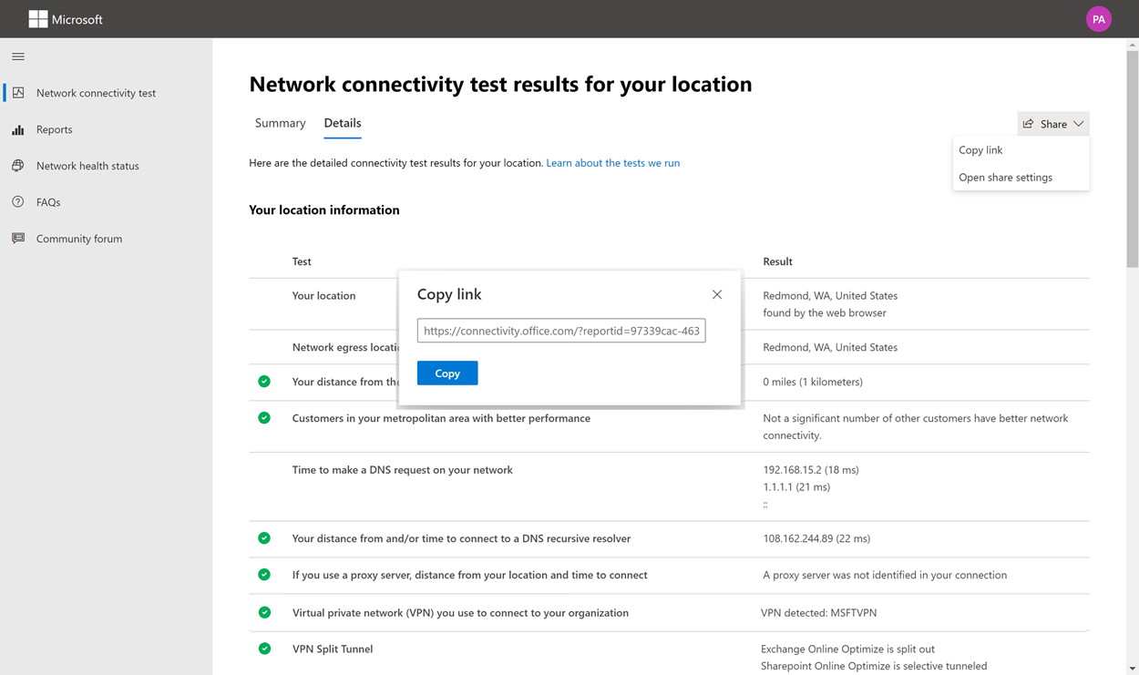 Condivisione di un collegamento ai risultati del test.