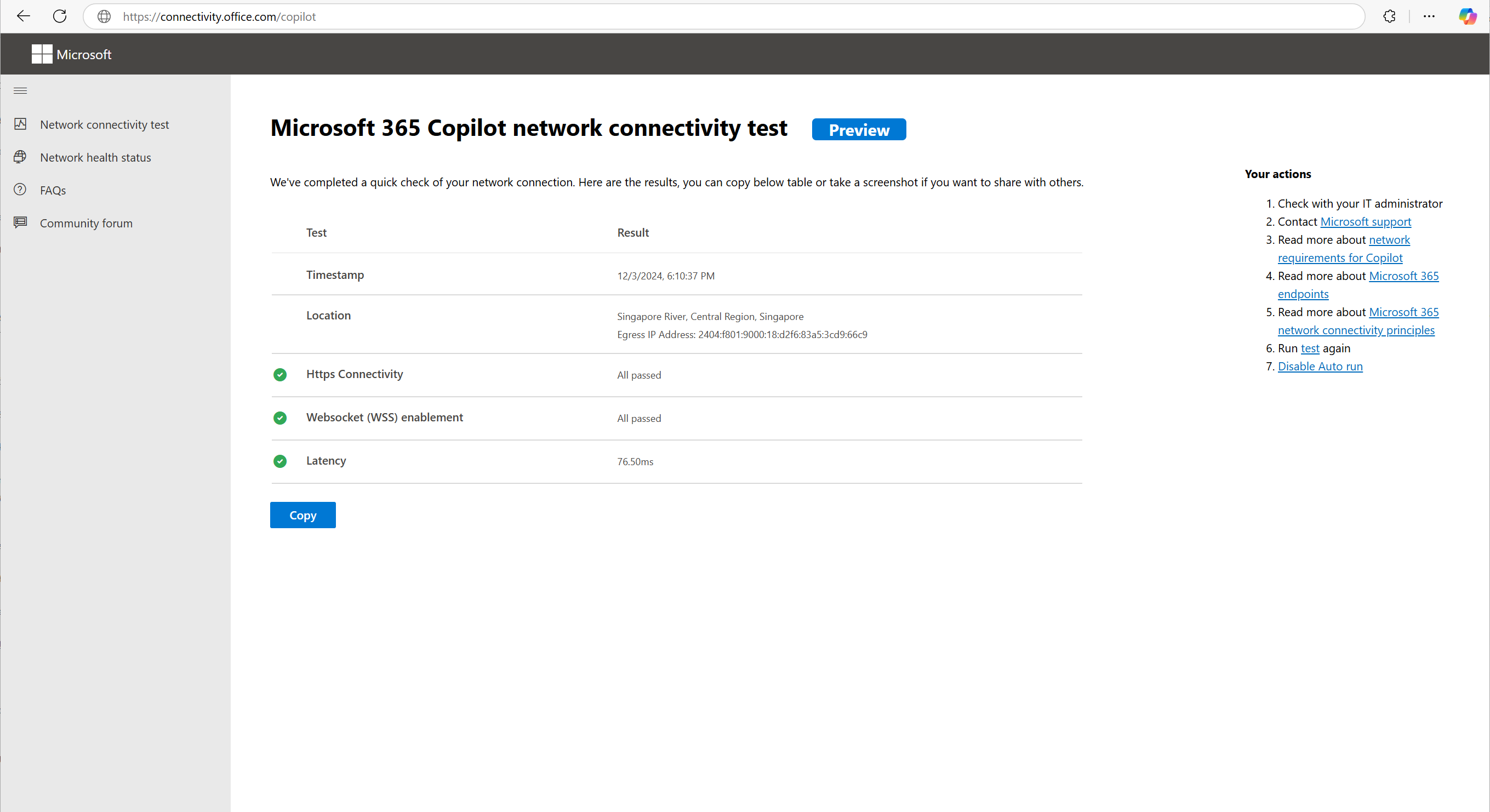 Pagina dei risultati dei test per Copilot