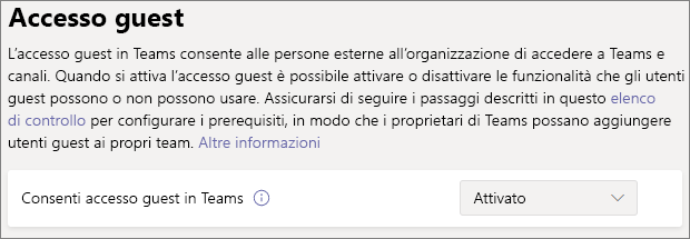 Screenshot dell'interruttore di accesso guest di Teams.