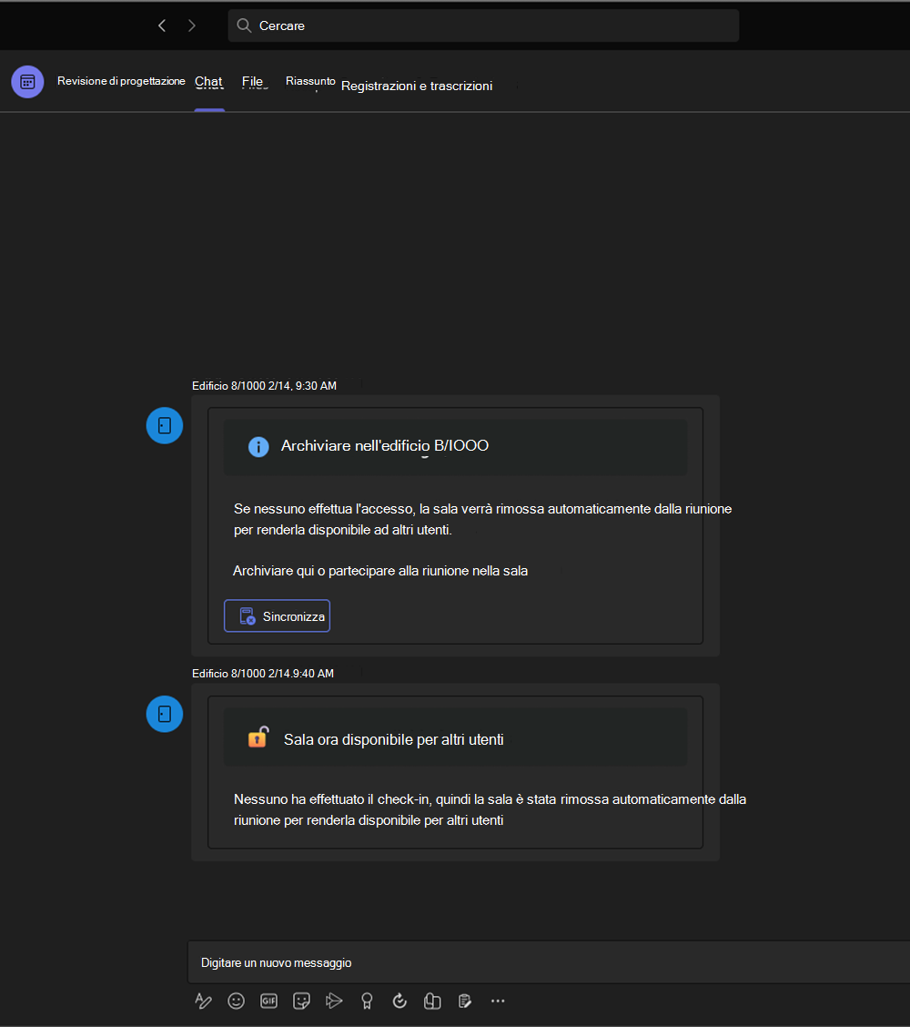 Screenshot che mostra che l'utente di Teams Chat ha rilasciato la sala riunioni per consentire ad altri utenti di prenotare.