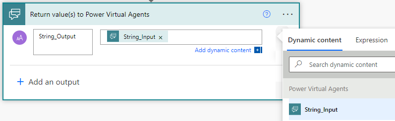 Screenshot di un parametro di input selezionato come valore di un parametro di output.