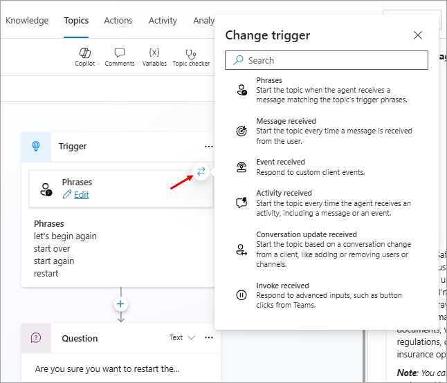 Screenshot delle selezioni Modifica trigger.