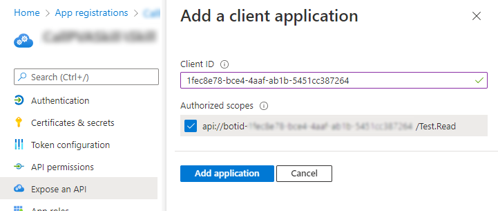 Screenshot dell'ID client immesso nel riquadro Aggiungi un'applicazione client.