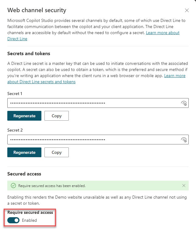 Schermata che mostra la pagina di sicurezza del canale Web.