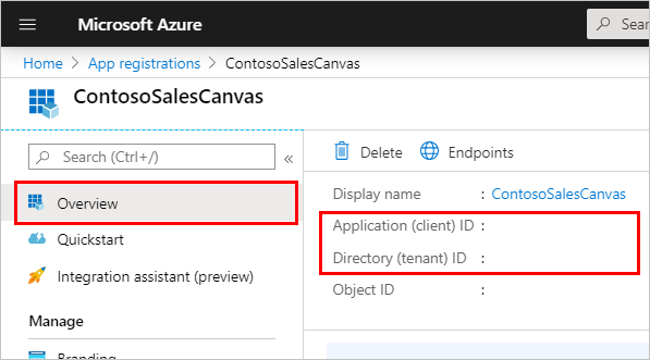 Screenshot della pagina Panoramica registrazione app nel portale di Azure, con Panoramica, ID applicazione e ID directory evidenziati.