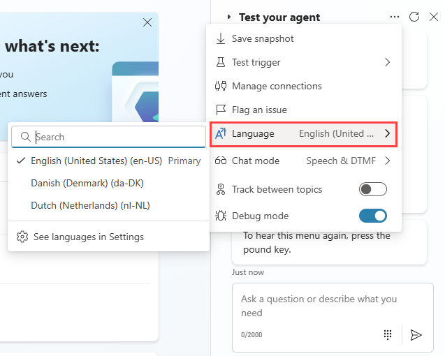 Schermata che mostra la selezione della lingua secondaria nel test agente.