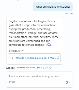 Secondo di due screenshot che mostrano un test in cui si chiede all'hashtag agente di parlare delle emissioni fuggitive in un agente di Sustainability Insights.