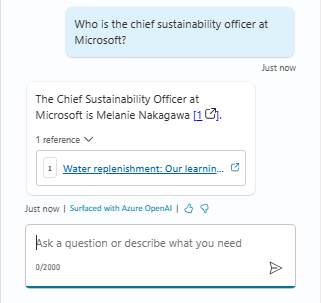 Screenshot che mostra un test in cui si chiede a agente chi è il responsabile della sostenibilità di Microsoft in un Sustainability Insights agente.