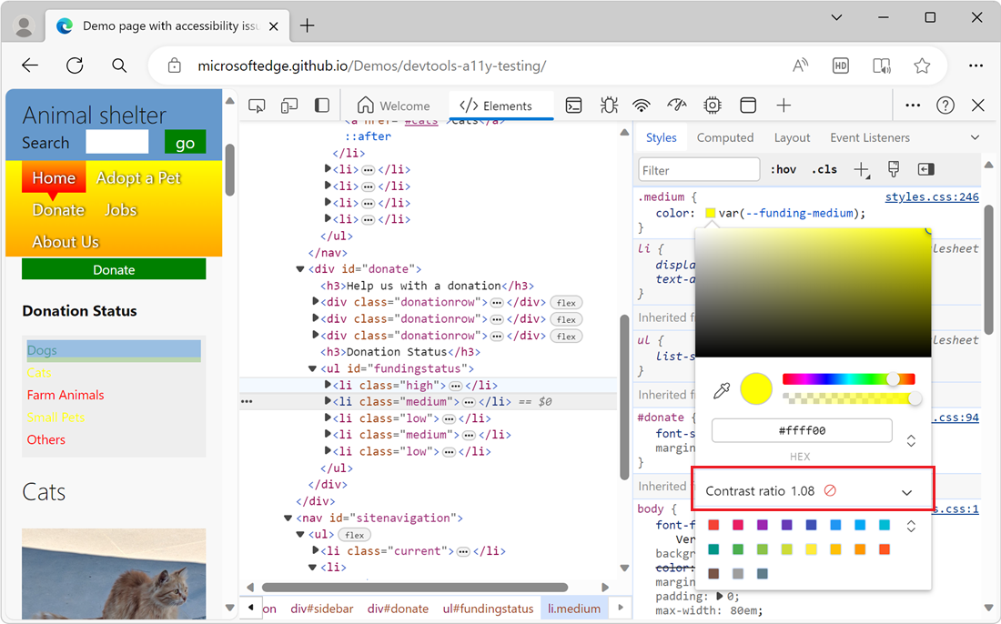 The 'Contrast Ratio' section of the Color Picker shows two check marks and a value of 13.97