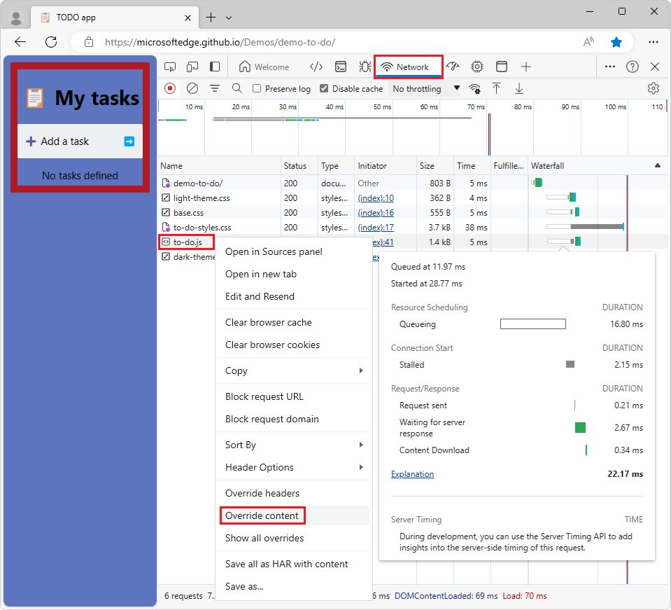 Selecting a file from the Network tool for overrides