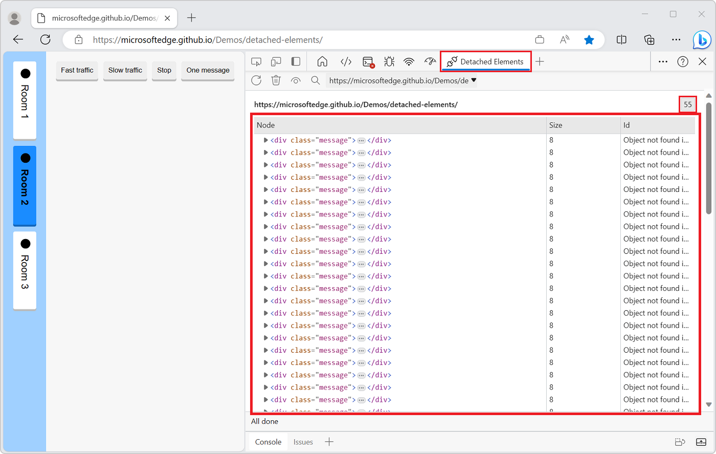 The Detached Elements tool, showing list of detached elements