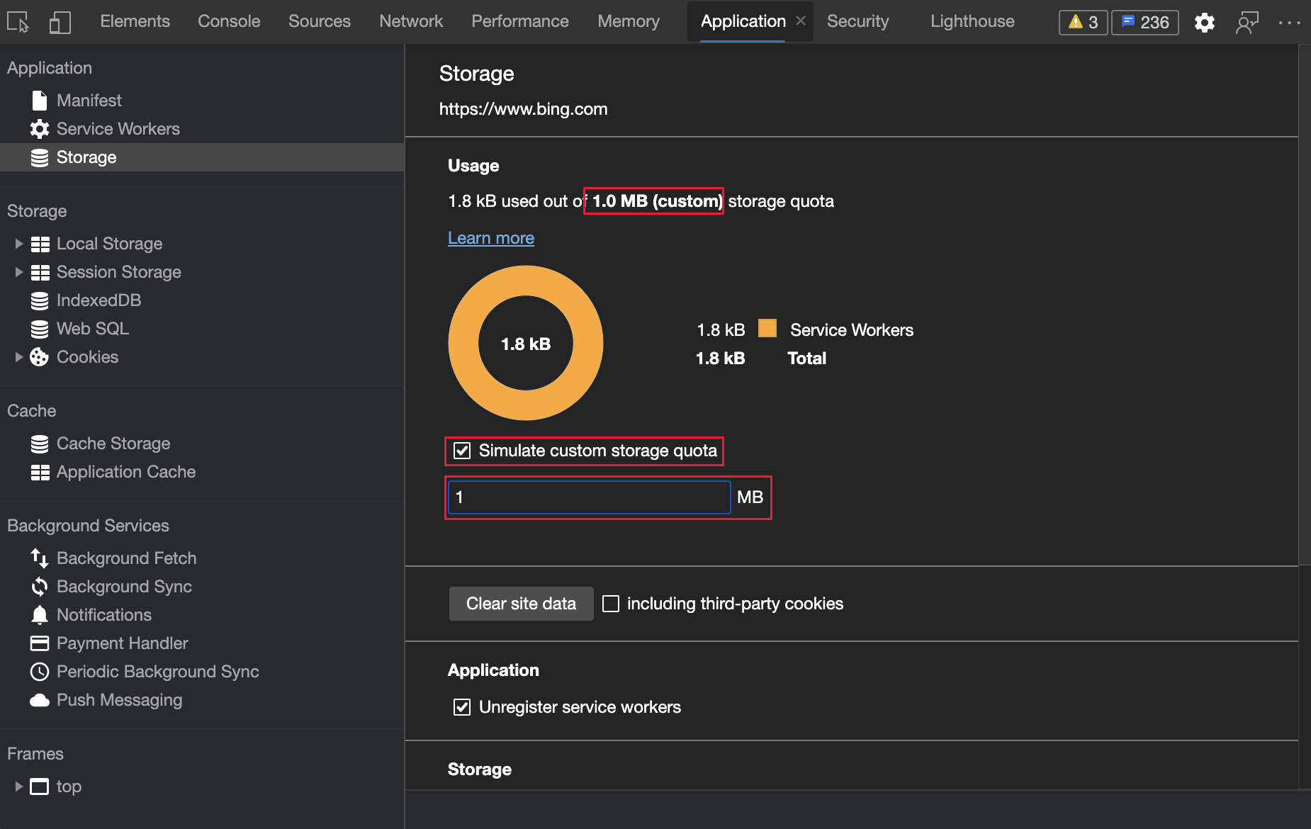 Simulate storage quota size