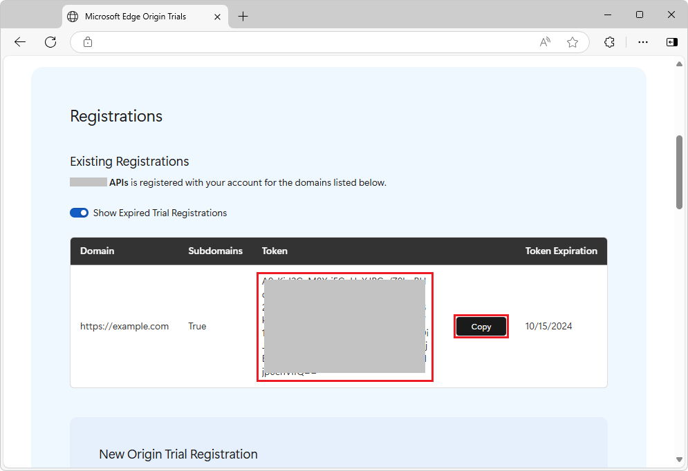 The generated token displayed in the Registration section