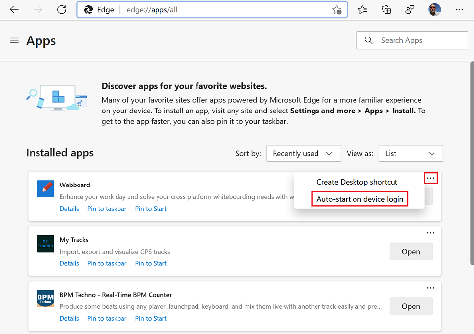 Use the More Options menu to turn on the 'Auto-start on device login' feature in Microsoft Edge
