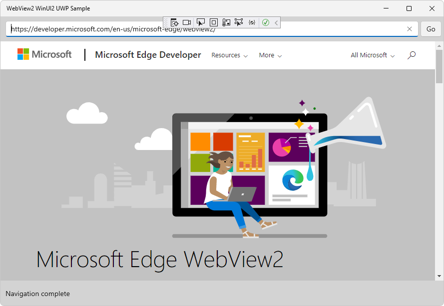 The webview2_sample_uwp project running, displaying webpage content