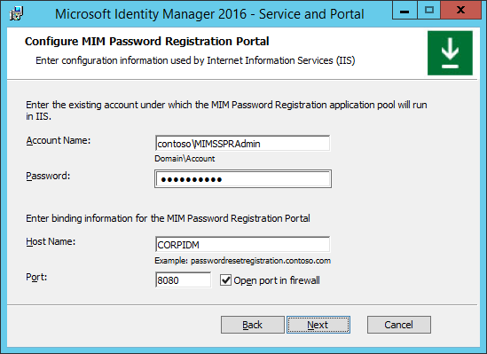 Immagine relativa alla configurazione del portale di registrazione della password MIM