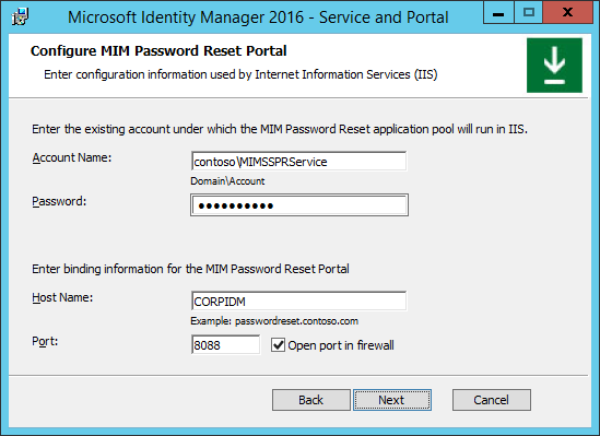 Immagine relativa alla configurazione del portale di reimpostazione della password MIM