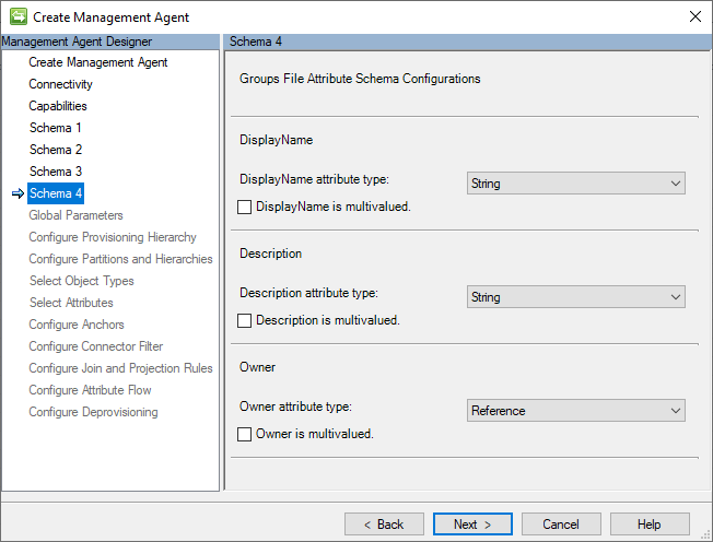 Screenshot della pagina Configurazioni dello schema degli attributi file di gruppi