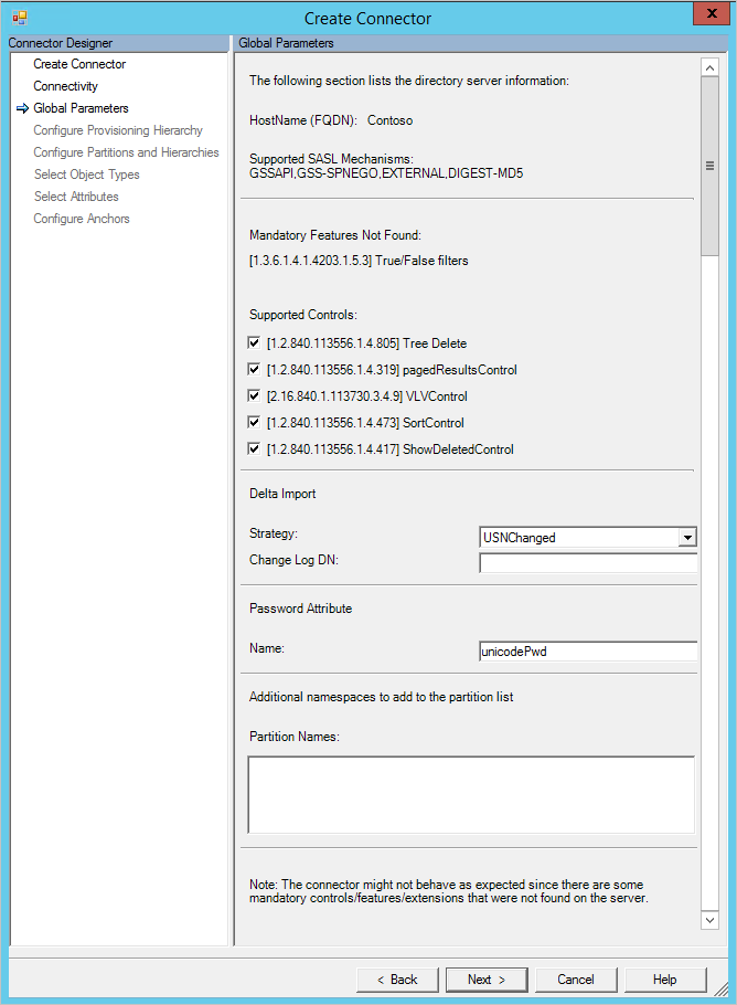 Pagina dei parametri globali di configurazione del connettore di sincronizzazione MIM