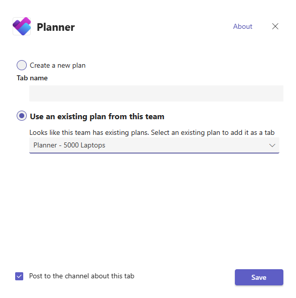 Screenshot che mostra un piano esistente selezionato per la configurazione della scheda Planner.