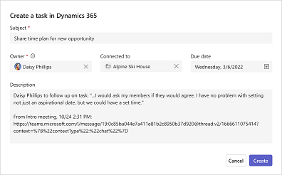 Screenshot che mostra Crea attività CRM in Dynamics 365.