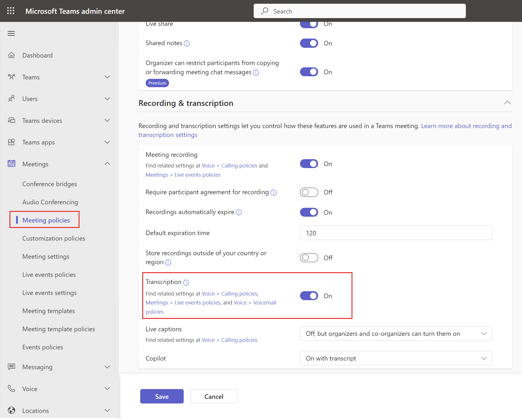 Screenshot che mostra come abilitare la trascrizione nell'interfaccia di amministrazione di Teams