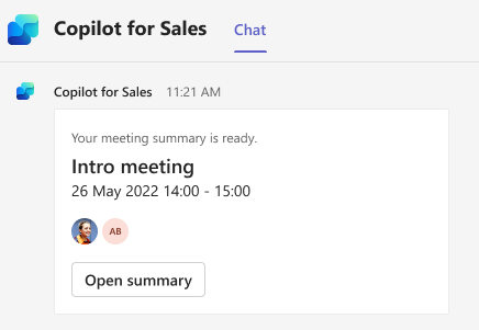 Screenshot che mostra la scheda di riepilogo delle riunioni di Copilot per le vendite.