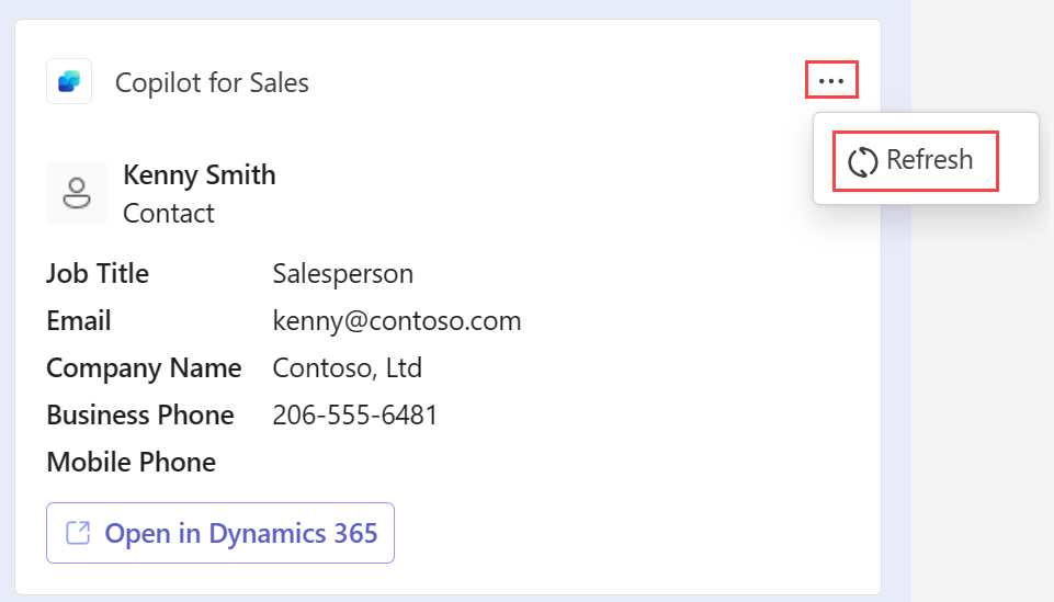 Schermata che mostra come aggiornare la scheda contatto Copilot per le vendite.