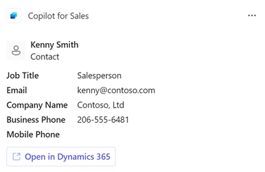 Schermata che mostra la scheda contatto Copilot per le vendite.