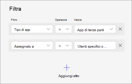 Screenshot che mostra come filtrare le app combinando vari criteri, ad esempio la disponibilità dell'app, il tipo di app e lo stato dell'app.