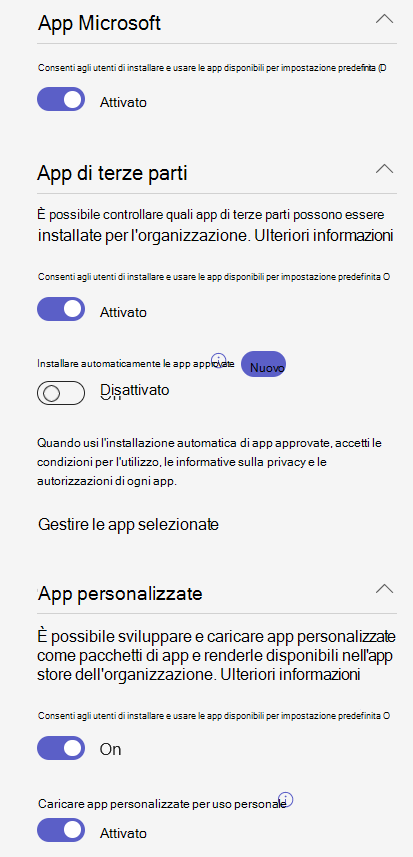 Screenshot che mostra le impostazioni delle app a livello di organizzazione in un'organizzazione che usa la funzionalità di gestione basata sulle app.