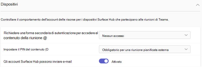 Screenshot delle impostazioni dei dispositivi Teams nell'interfaccia di amministrazione di Teams.